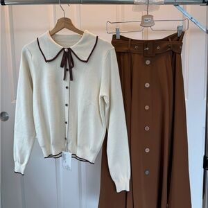 Cream Cardigan and Brown Skirt Set